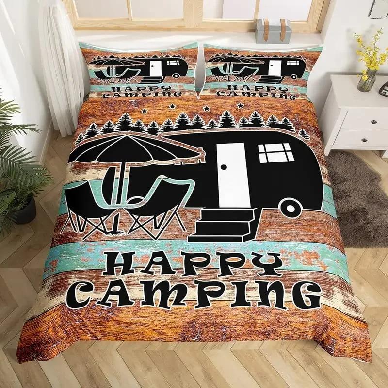 Happy Camping Bedding Set Camper Car Duvet Cover King Queen Microfiber Smoky Mountain Wood Print Quilt Cover Set For Girls Boys