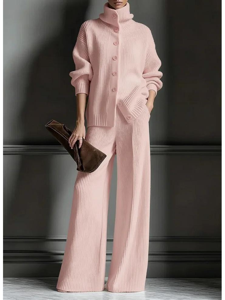 High Collar Solid Color Knit Cardigan & Wide Leg Pants 2-Piece Set - Autumn/Winter Collection