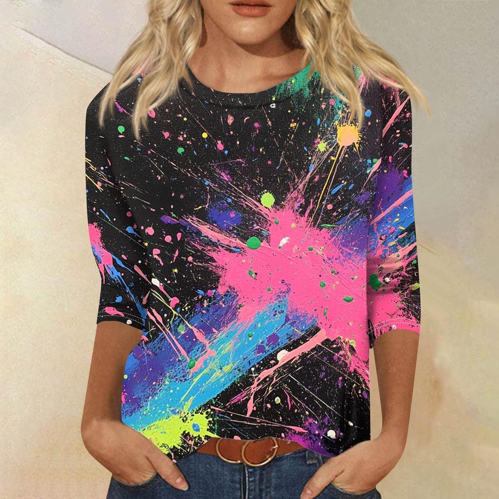 Women's Fashion Casual Seven Sleeve Printed Round Neck T-Shirt Top