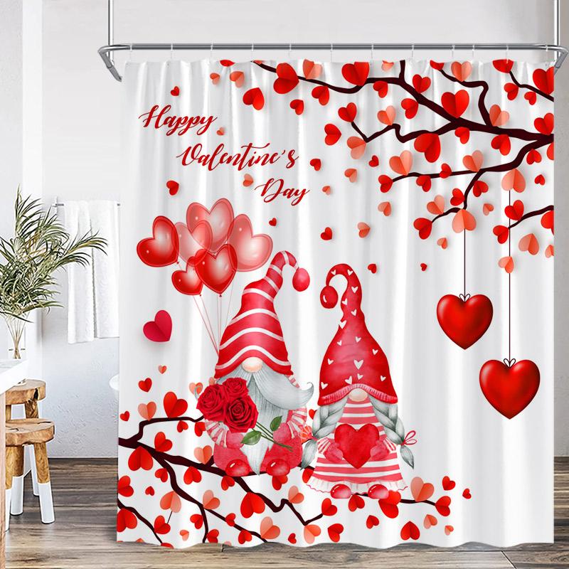 Valentine'S Day Shower Curtain Red Heart Rose Flowers Bicycle Petals Lovers Gift Fabric Home Bathroom Curtains Decor With Hooks