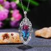Silver Plated Marquise Cut Multicolor CZ Pendant Necklace, Ornate Floral Halo Cable Chain Necklace for Women