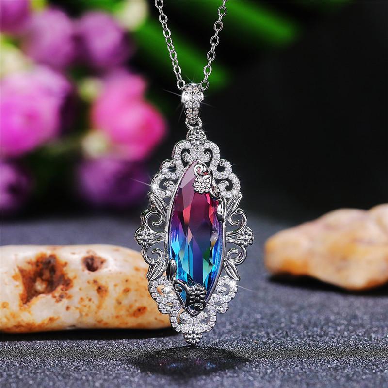 Silver Plated Marquise Cut Multicolor CZ Pendant Necklace, Ornate Floral Halo Cable Chain Necklace for Women