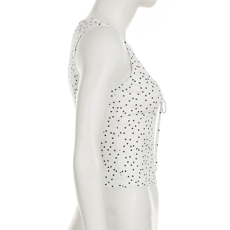 European & American Style Polka Dot Pleated Tie-Up Tank Top with Round Neck, Versatile and Slim Fit