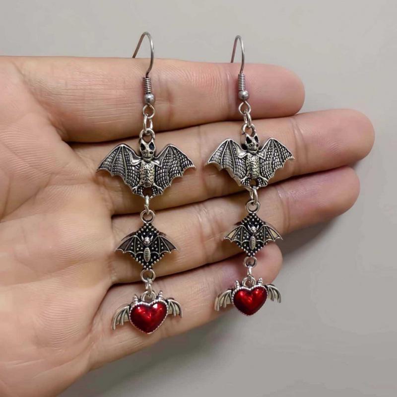 Jun'an Gothic Punk Silver Bat Heart Earrings in Red and Black