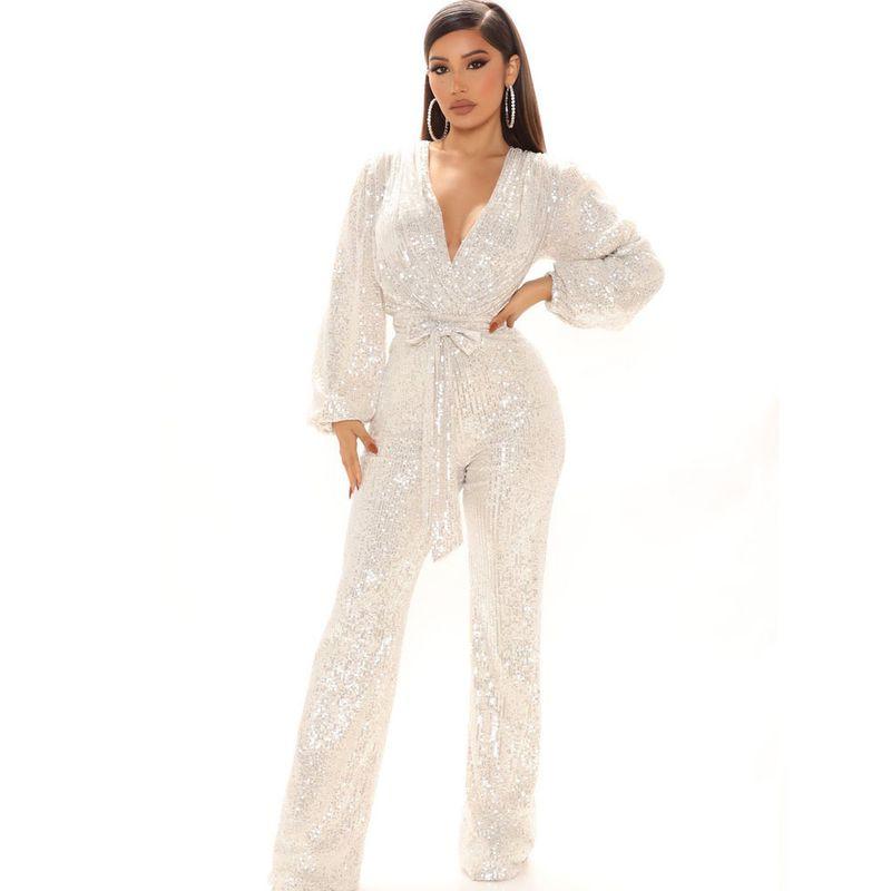 

Jumpsuit Pants Fall European and American Women s Clothing Sequin Deep V Neck Long Sleeve Jumpsuit Classy Jumpsuit Trousers White L