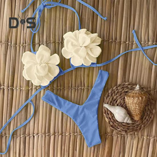 2Pcs/Set Summer Bikini Set Adjustable Drawstring Lace-Up Halter Neck 3D Flower Bra Low-rise Swimming Briefs Set Swimwear