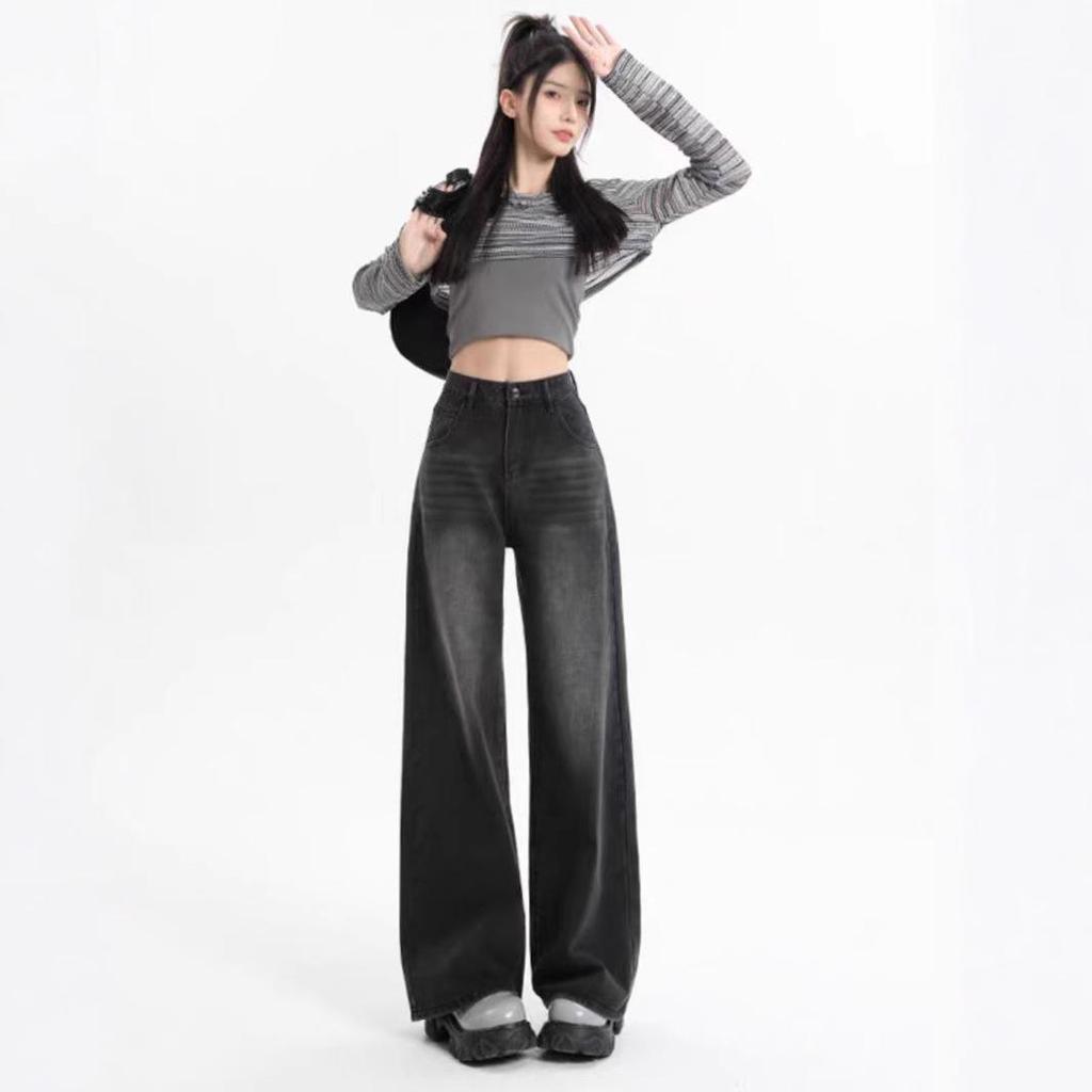 Women's Black Wide Leg Jeans for Pear-Shaped, High Waist Slimming Loose Straight Leg, Floor-Length Trousers for Spring and Autumn.