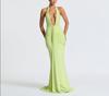 Elegant Halter Neck Deep V Waist-Cinching Long Fishtail Dress with Open Back and Flowing Ribbon