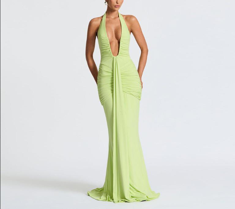 Elegant Halter Neck Deep V Waist-Cinching Long Fishtail Dress with Open Back and Flowing Ribbon
