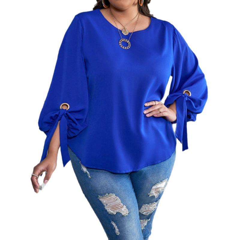 Plus Size Women S Lantern Sleeve Tie Shirt Loose Commute Top
