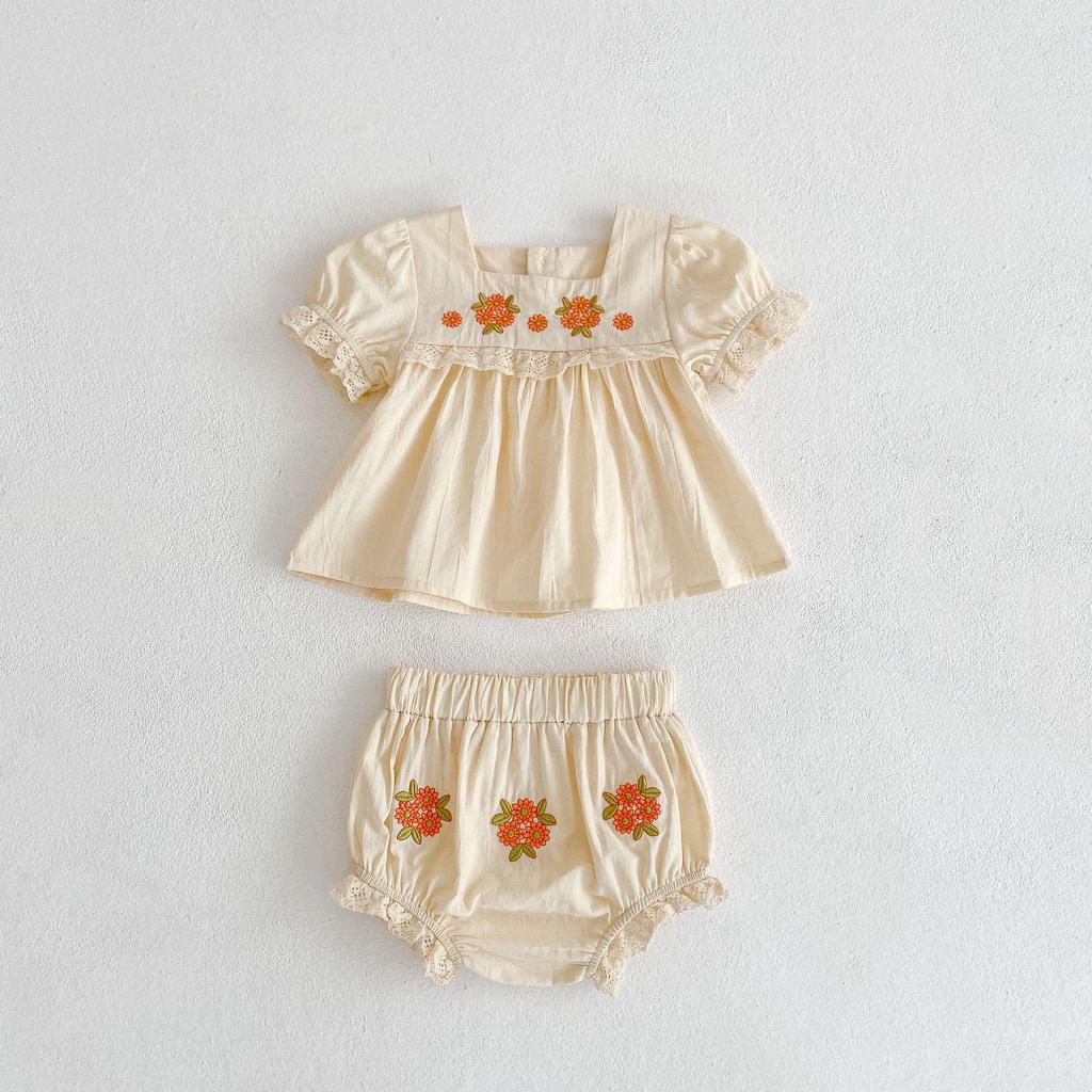 2024 Summer Baby Girl Floral Embroidered Top & Shorts Set