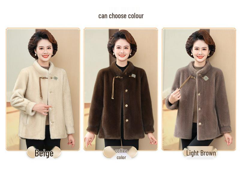 Elegant Short Winter Coat for Middle-Aged Women - Faux Mink Leather and Fur, New Chinese Style.