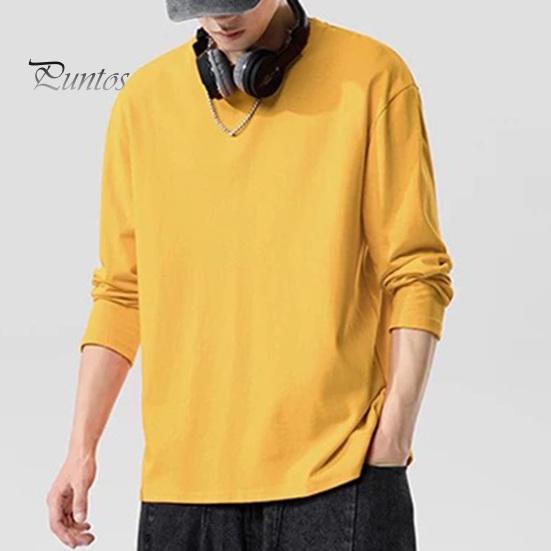 Herrenhemd Rundhals Langarm Weiches Atmungsaktives T-Shirt Einfarbig Lockere Passform Frühling Sommer Casual Tops