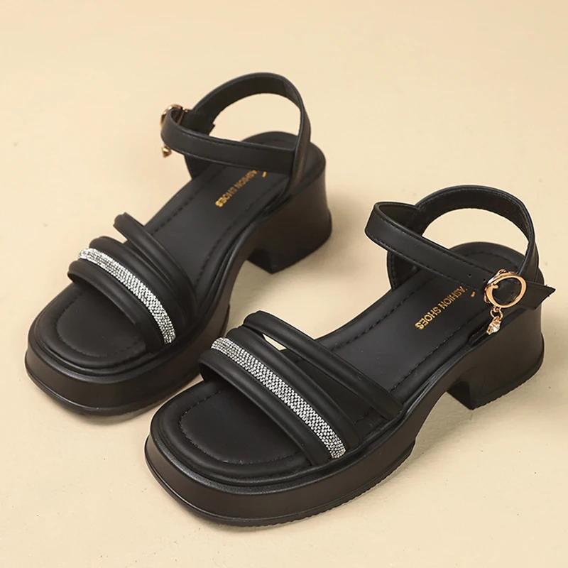 

Fashion Crystal Band Thick Soled Sandals Woman Summer Ankle Buckle High Heel Sandals Women Open Toe Non Slip Gladiator Sandalias Mujer 41 чёрный