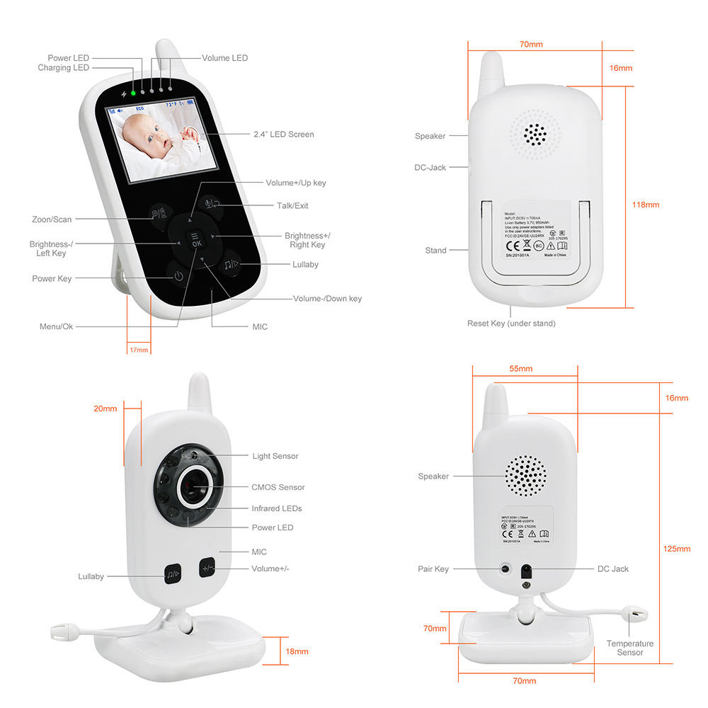 2X Digitalzoom Babyphone 2,4 Zoll Wireless Video Farbe Hochauflösende Baby Nanny Sicherheitskamera Nachtsicht Temperaturüberwachung