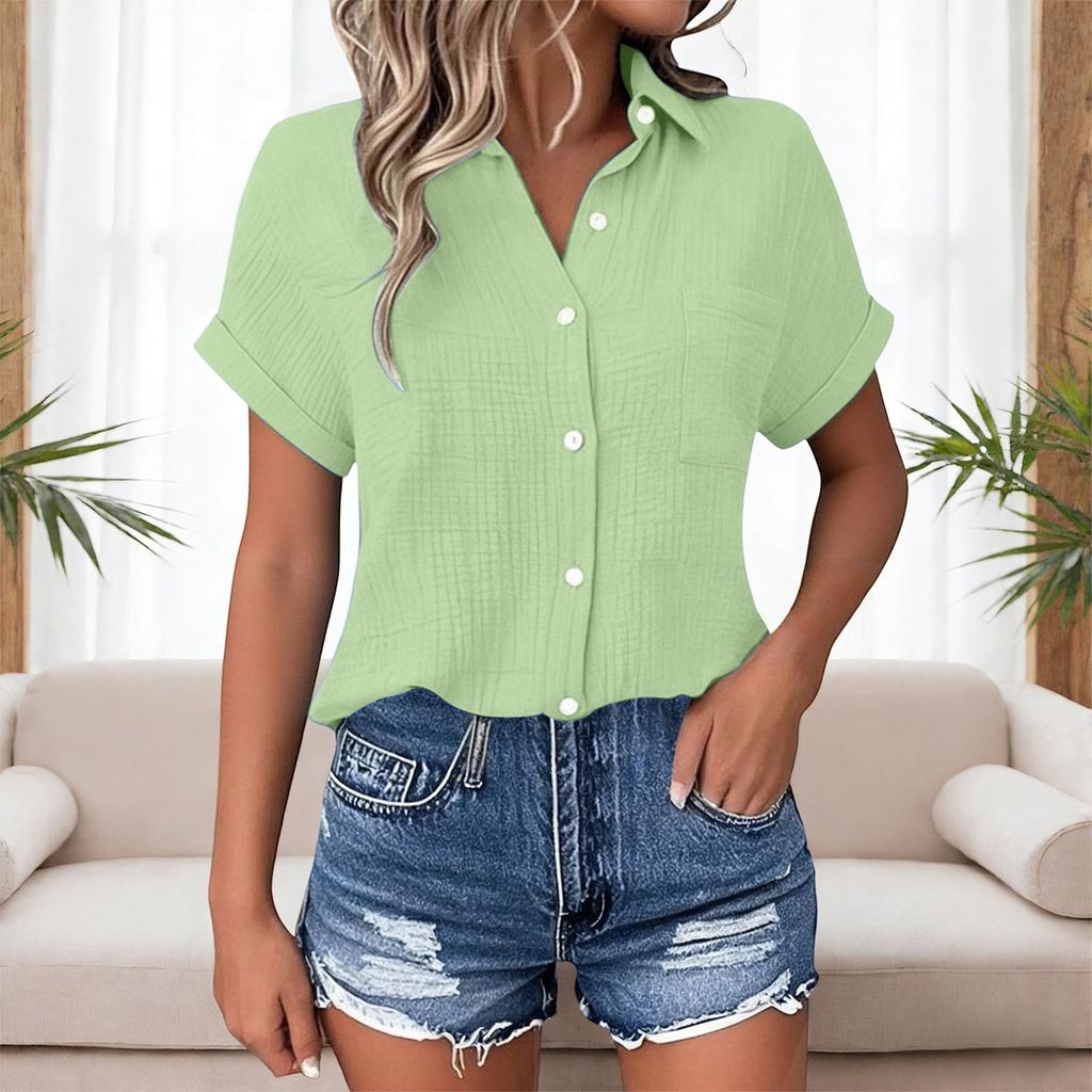Womens Summer Fashion Color Lapel Casual Button Pocket Short Sleeved Shirt Top