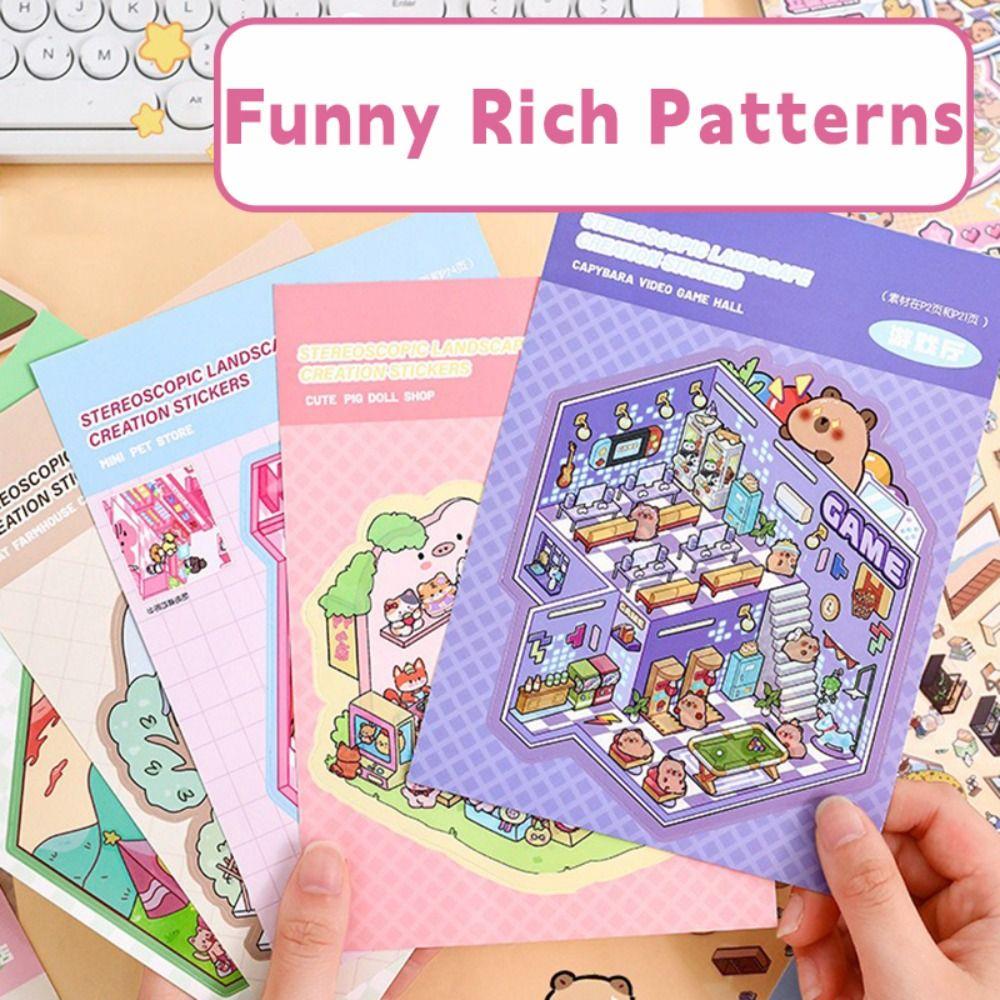 New 20-in-1 Miniature Landscape Sticker Collection Decompression PET DIY Cabin Scene Sticker Cartoon DIY Toy Game Stickers Gift