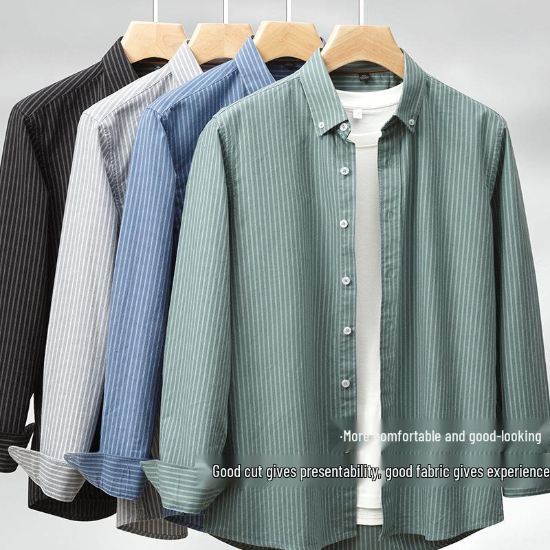 Autumn/Winter Men's Striped Cotton Oxford Shirt - Casual, Breathable, Long Sleeve, Wrinkle-Resistant.