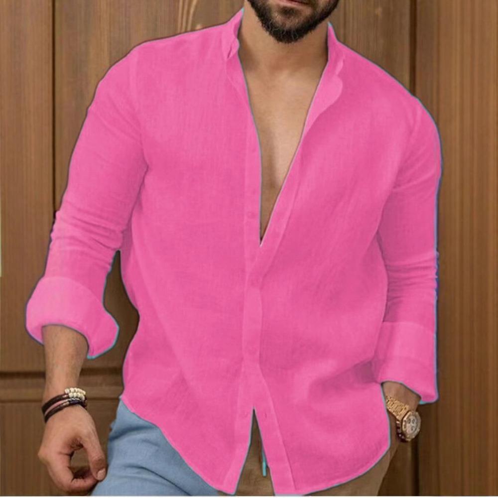 Nuova Camicia da Uomo in Misto Cotone e Lino Monocolore - Casual Manica Lunga