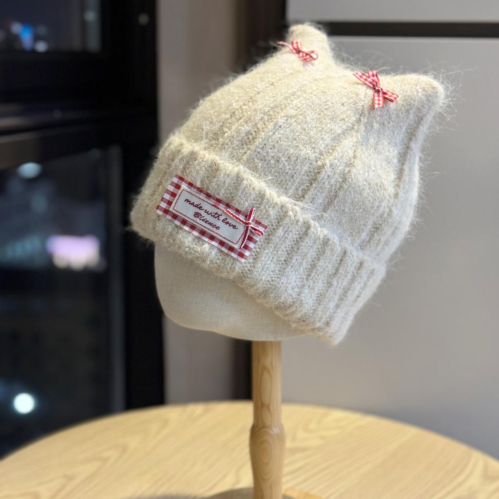 Korean Style Woolen Hat for Women Cute Cat Ears New Bow Warm Ear Protection Cold Hat Winter Fashion Knitted Hat
