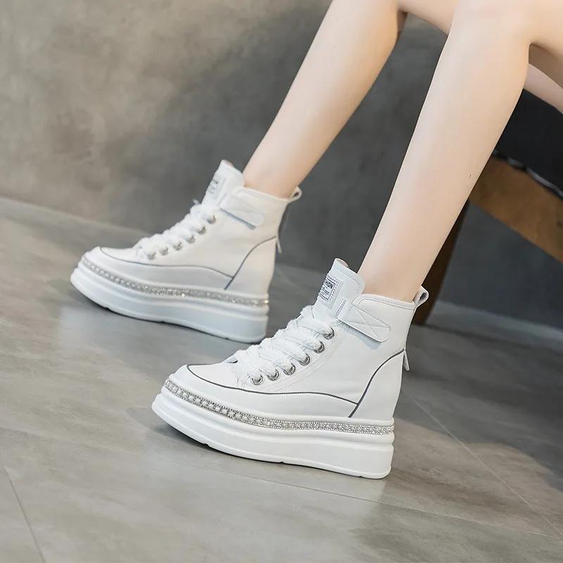 Fashion 8CM High Top Women Genuine Leather Platform Boots Wedge Hidden Heel Hook Spring Autumn Bling Women Shoes Sneakers Ankle Boots