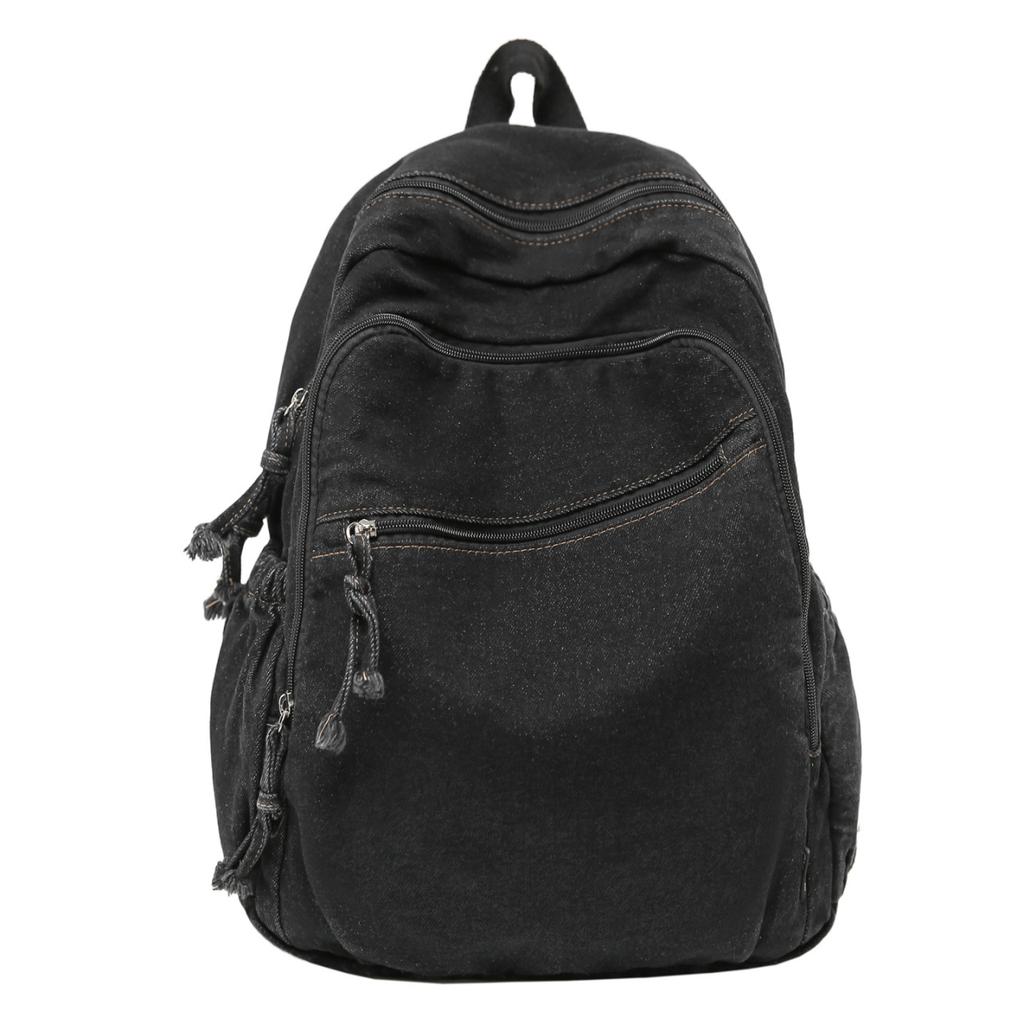 Denim Backpack Student Schoolbag Solid Color Backpack