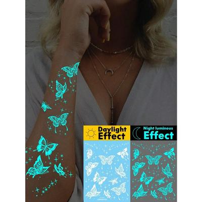 1 Sheets Luminous Glow In The Dark Body Art Temporary Tattoo Stickers, Moon Butterfly Botanical Pattern, Waterproof Fake Tattoo Sticker