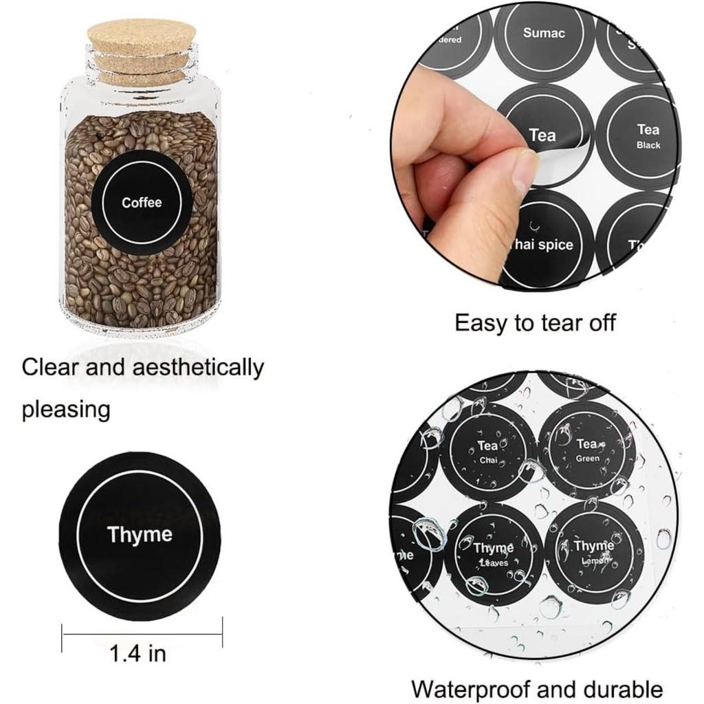 Spice Labels, 432Pcs Spice Labels Stickers 1.4in Waterproof Adhesive Round Preprinted Spice with Blank Label Black Tear Resistant Sticker