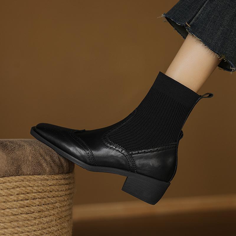 Fashion 2024 Winter Genuine Leather Women Boots Autumn Women Shoes Brogues Vintage Block Stretch Chelsea Boots Retro Ankl Boots