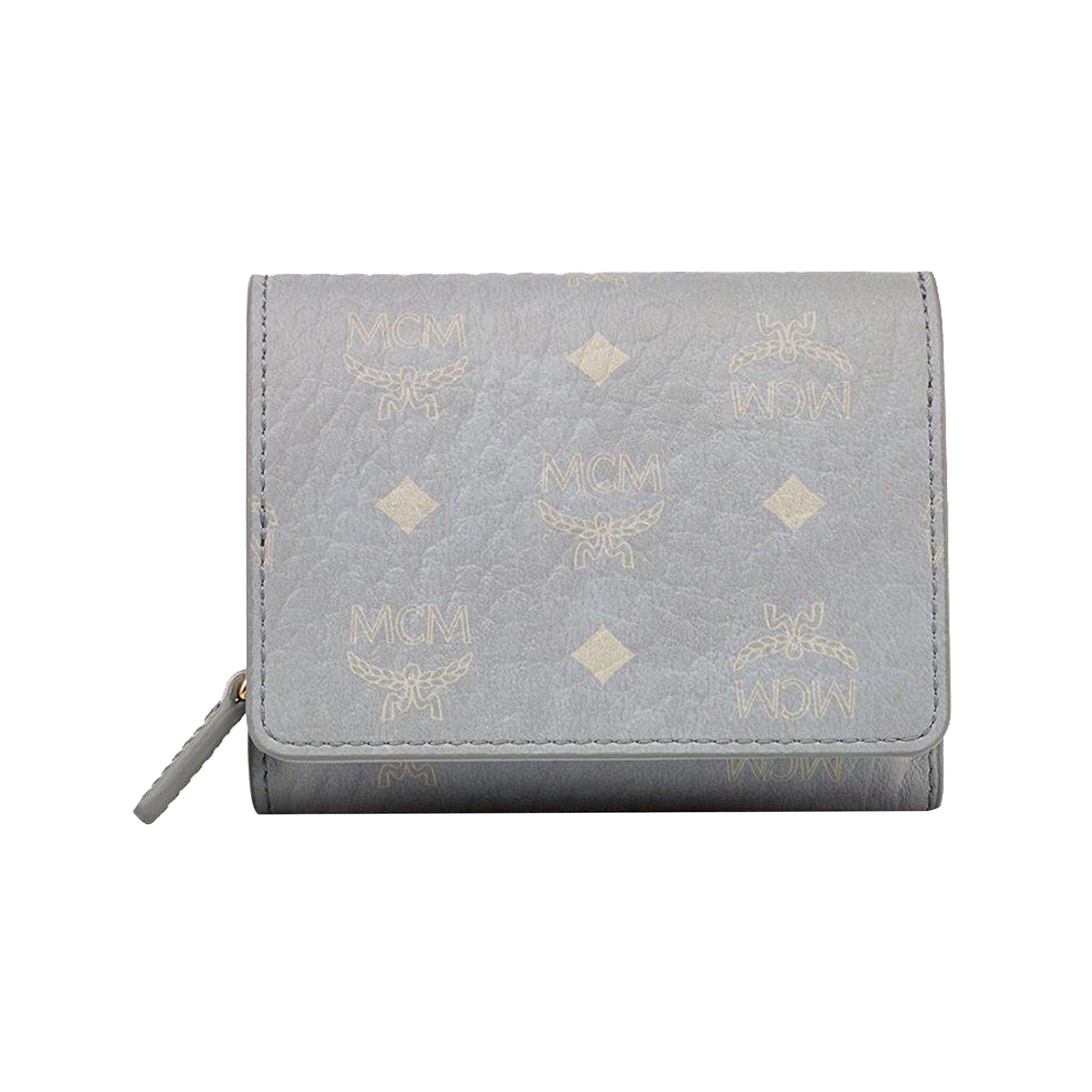 

MCM Visetos Mini Trifold Wallet, Gray Monogram Leather Compact Wallet with Gold Hardware, for Daily Use Travel MYSBSVI01FP001 Basic Set (Bag+Dust Bag)