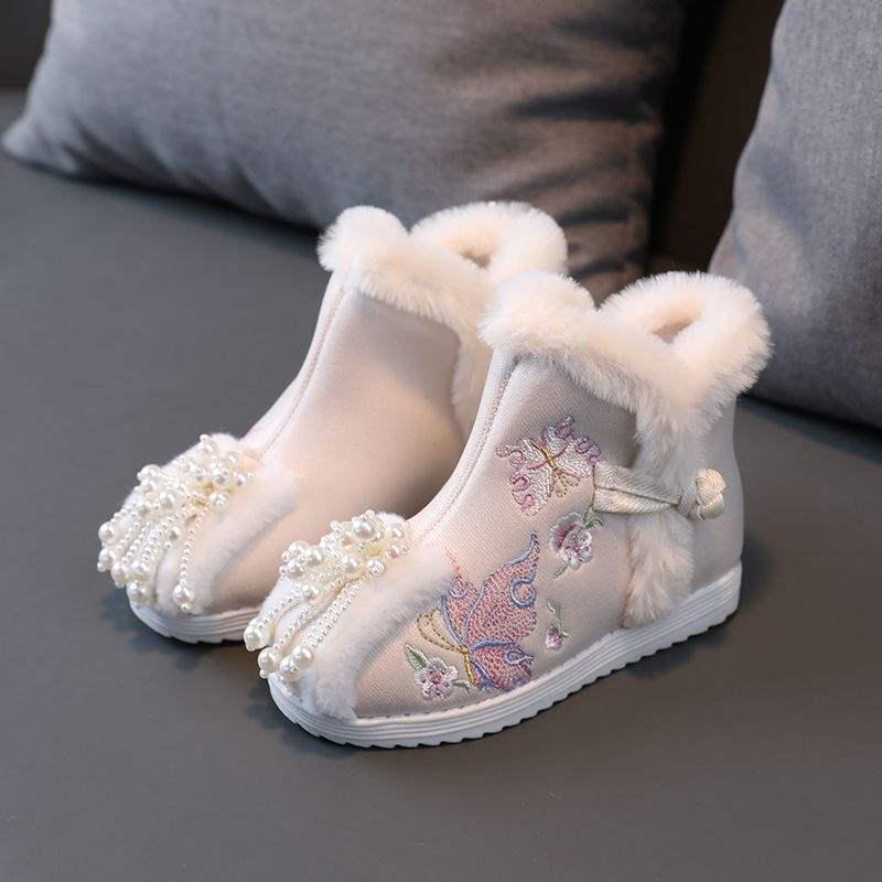 Cizme de Bumbac Căptușite cu Lână Hanfu pentru Copii - Stil Iarnă 2026, Pantofi Tradiționali Chinezești Brodați pentru Fete