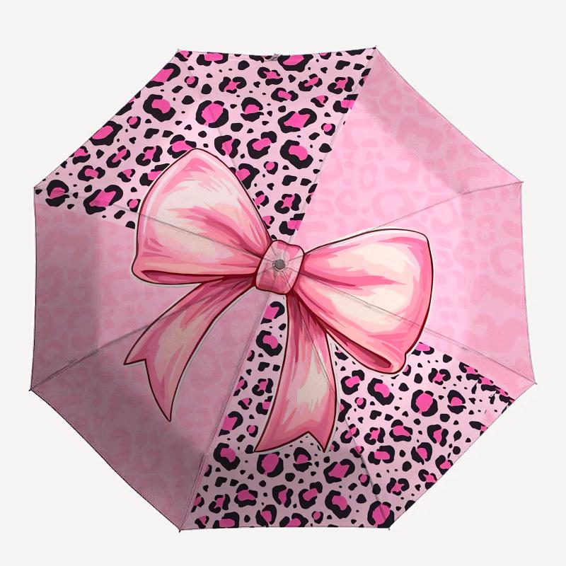 1pc Pink Leopard Print Bow Umbrella with Plastic Handle,Compact & Stylish,Cartoon Pattern,Outdoor UmbrellaPT316