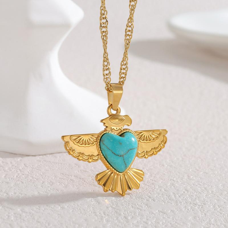 European and American stainless steel 18k gold geometric inlaid turquoise necklace, accessory for women, INS internet famous style, sweater chain