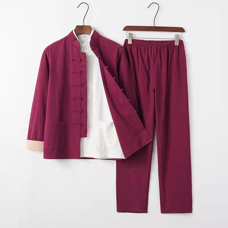 Men's Cotton Linen Three-Piece Tang Suit: Chinese Style Frog Button Hanfu, Retro Lay Buddhist Robe, Tea Attire