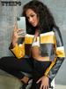 Damen-Bikerjacke mit Farbblockdesign, eleganter Stil, modische Motorradjacke für Damen im Herbst und Winter