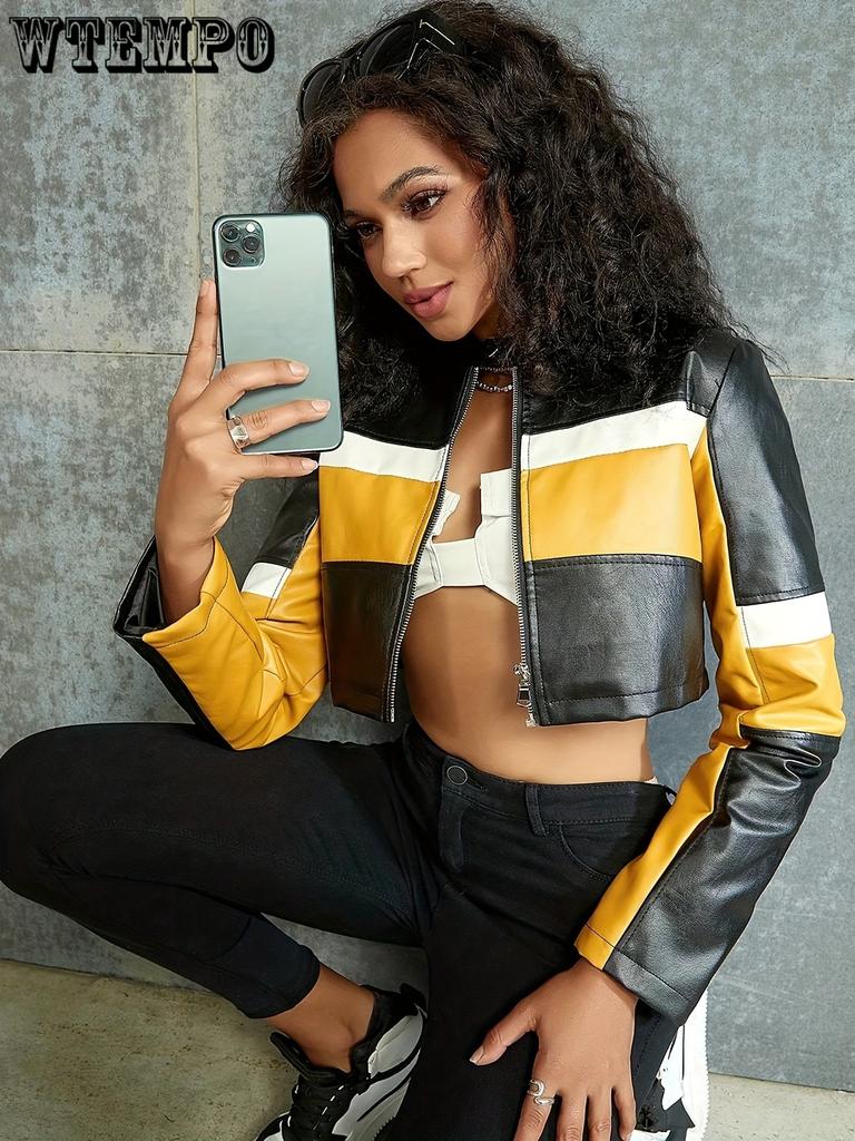 Damen-Bikerjacke mit Farbblockdesign, eleganter Stil, modische Motorradjacke für Damen im Herbst und Winter