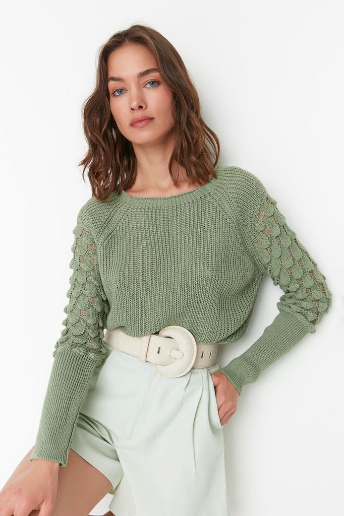 Women's Fashionable Stylish Sweater Mint Textured Crew Neck Knitwear Sweater