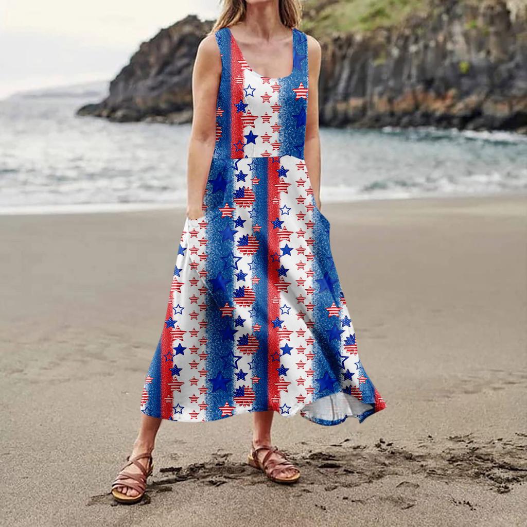 Women's Fashion Casual Independence Day Print Sleeveless Cotton Linen Pocket Dress