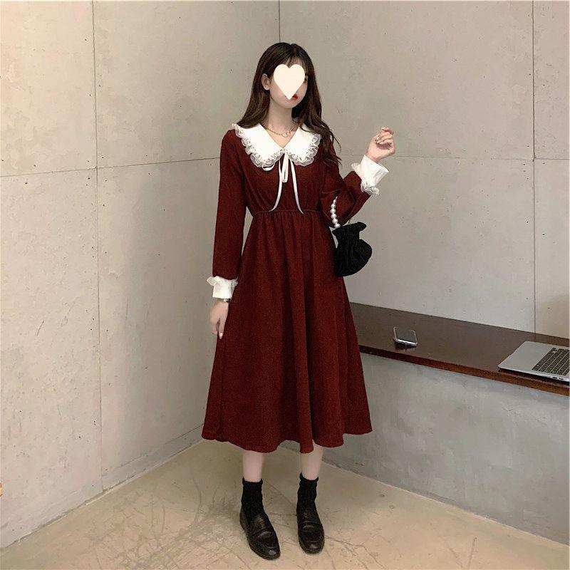

New red dress women s spring and autumn Korean version waist thin small super fairy temperament long skirt 3XL