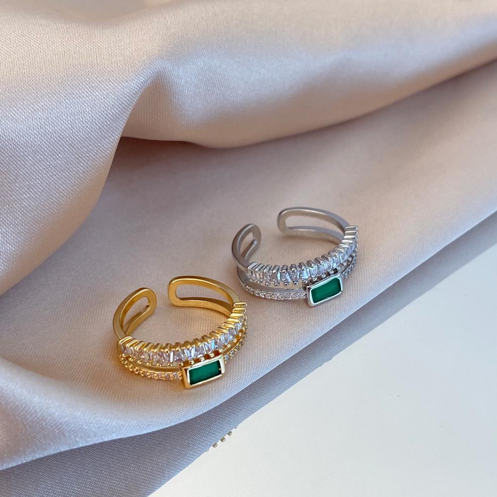 Peacock Green Double Layer Diamond Open Ring for Women in Gold-Plated Copper