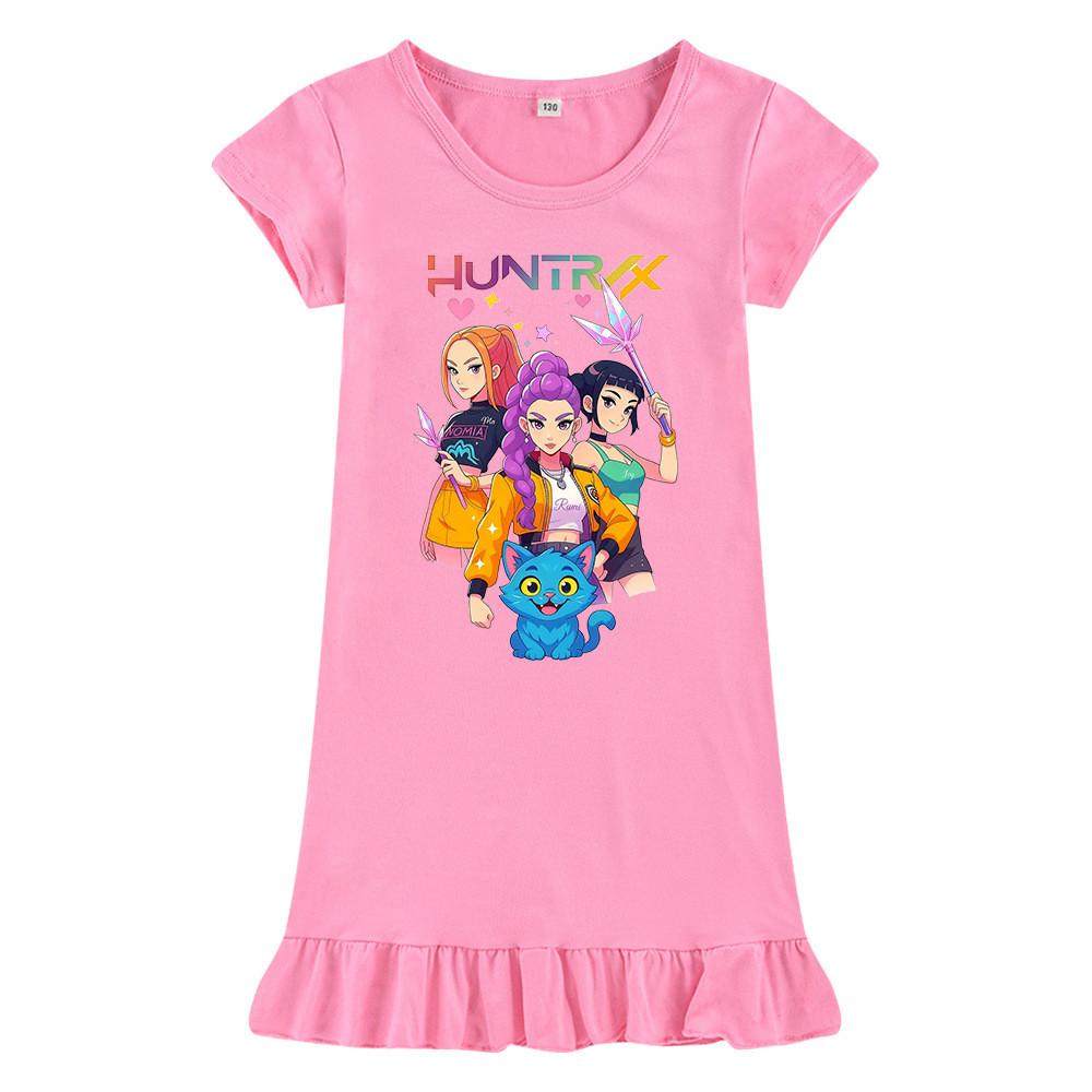 M1233 Dziewczęca Sukienka Kpop Rumi Zoey Mira z Nadrukiem, Krótki Rękaw, Falbanki