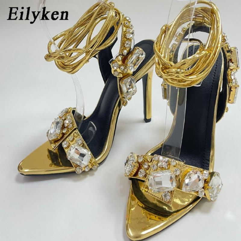 Eilyken Summer Stilettos Heels Rhinestones Sandals Women Pointed Toe Ankle Strap Crystal Wedding Ladies Shoes