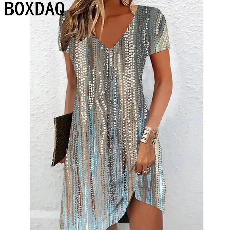 Women Summer Short Sleeve V-Neck Dress 3D Vintage Floral Gradient Elegant Dress Big Size Casual A-Line Dresses