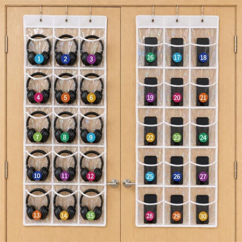 Clear Pocket Wall Storage Set of 2, Hanging Polyester Holder with 15 Front Pockets on Each Panel for Classroom Supplies, Phones and Daily Items