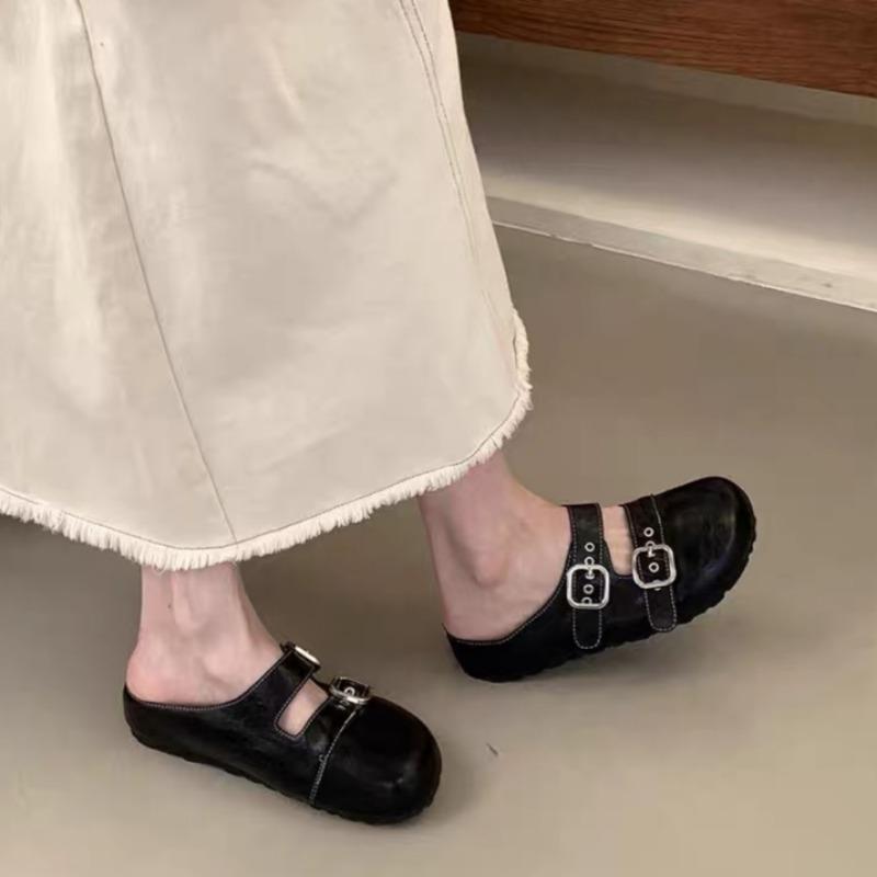 Fashion Spring Baotou Slippers for Women Round Head Shallow Mouth Rivet Metal Buckle Soft Soled Non-slip Wear-resistant Flat Shoes