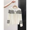 Black and White Contrasting Stripes Polo Lapel Long-sleeved Shirt Women's Spring and Autumn Slim-fit Temperament Knitted Top Cardigan