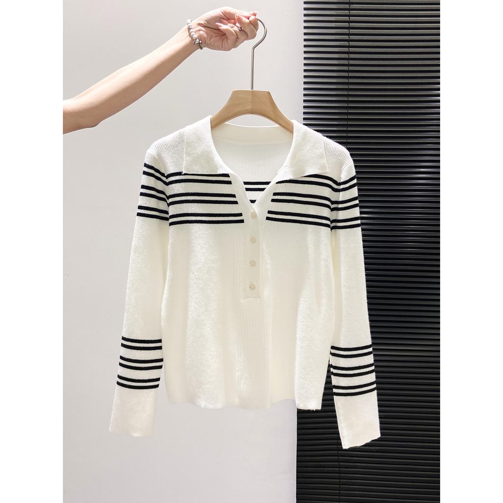 Black and White Contrasting Stripes Polo Lapel Long-sleeved Shirt Women's Spring and Autumn Slim-fit Temperament Knitted Top Cardigan