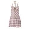 Modna Sukienka Halter w Kratę Kobiety Wiązana Dekolt V Bez Rękawów Mini Sukienki High Street Vestidos Letnia Odzież Plażowa