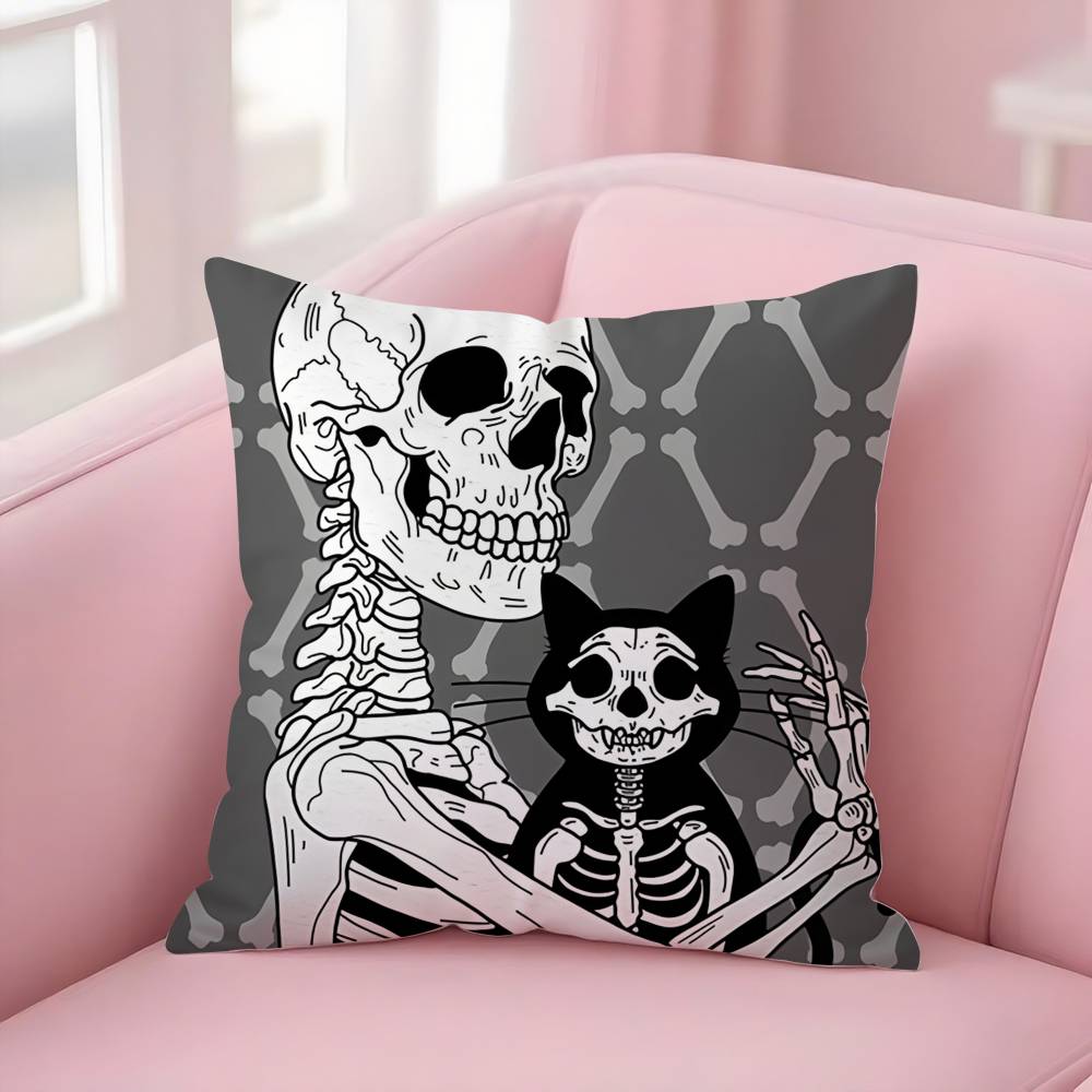 Creepy Skeleton Cat Halloween Pillow Case Short Plush Double-Sided Print Square Throw Pillow Covers Sofa Home Cushion Decor
