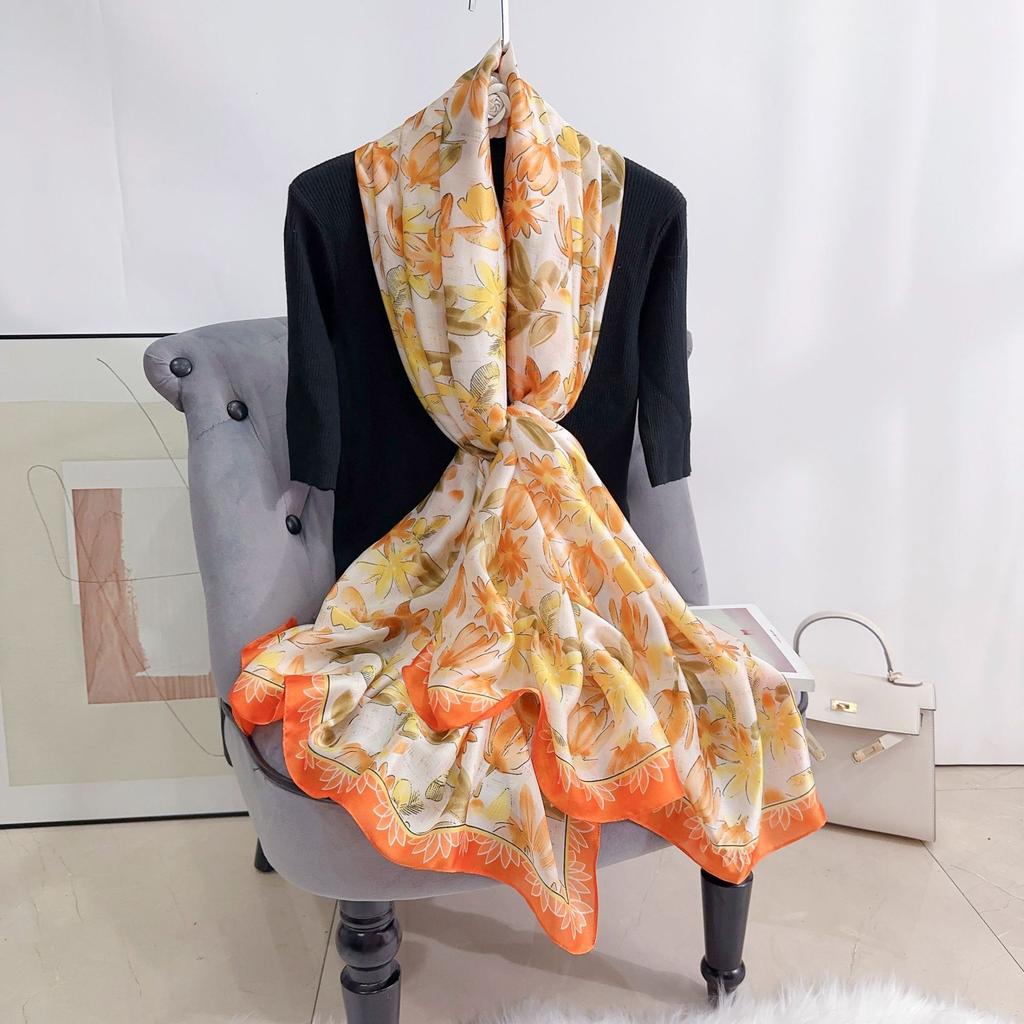 Flower Print Satin Scarf Imitation Silk Soft Skin Friendly Shawl Spring Autumn Casual Decoration Inelastic Neck Scarf